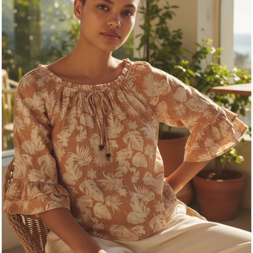 Cottagecore Women's Tropical Print Off Shoulder Blouse Ruffle Sleeve‎ Top Boho
